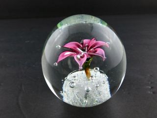 Vintage Art Glass Paperweight Controller Bubble Pink Petal Flower Polished Base