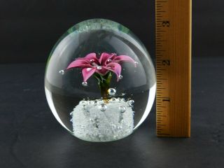 Vintage Art Glass Paperweight Controller Bubble Pink Petal Flower Polished Base 2