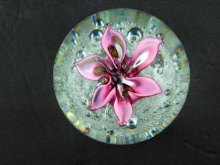Vintage Art Glass Paperweight Controller Bubble Pink Petal Flower Polished Base 3