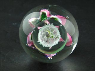 Vintage Art Glass Paperweight Controller Bubble Pink Petal Flower Polished Base 5