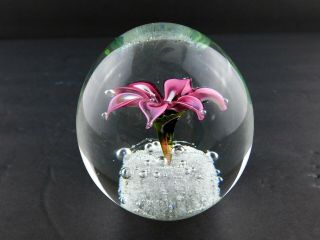 Vintage Art Glass Paperweight Controller Bubble Pink Petal Flower Polished Base 6