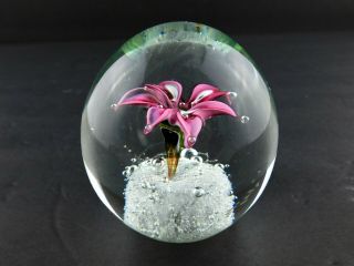Vintage Art Glass Paperweight Controller Bubble Pink Petal Flower Polished Base 7