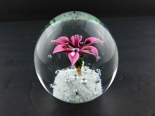 Vintage Art Glass Paperweight Controller Bubble Pink Petal Flower Polished Base 8