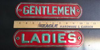 2 Antique 40s 50s Metal Vintage Signs - Ladies Sign Gentlemen Sign - 10.  5 " X 2.  5 "