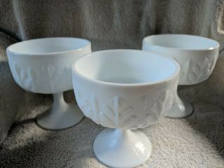 Set Of 3 Vintage Ftd Milk Glass Vase Leaf Pattern Compote Pedestal Dish
