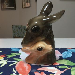 Vintage Royal Copley Art Pottery Doe Deer And Fawn Figurine 8 1/2 " Tall