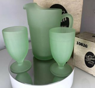 Green Frosted Tiara Glass Pitcher & 2 Glasses Tumblers Set Vintage & Box