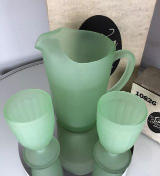 Green Frosted Tiara Glass Pitcher & 2 Glasses Tumblers Set Vintage & Box 2