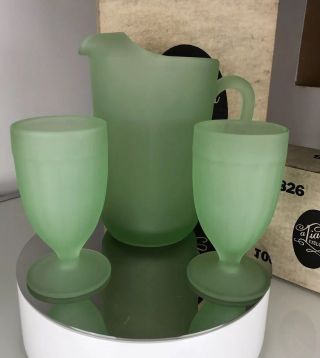 Green Frosted Tiara Glass Pitcher & 2 Glasses Tumblers Set Vintage & Box 3