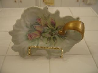 Vintage Hand Painted Hp Nappy Dish Bowl With Pink Roses Floral & Gold