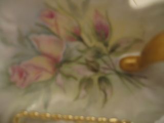 Vintage Hand Painted HP Nappy Dish Bowl With Pink Roses Floral & Gold 3