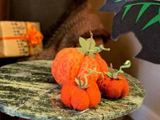 Vintage Miniature Dollhouse Artisan Fall Fabric Crafted Pumpkins Leaves Stems