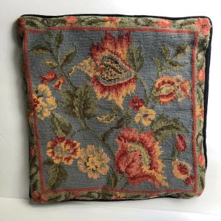Vintage Floral Wool Needlepoint Pillow Cover Blue Orange 14” Square Flowers