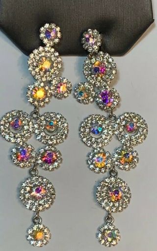 Vintage Brilliant Long Aurora Borealis Rhinestone Wedding Pierced Earrings 3.  5”