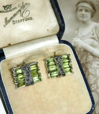 Stunning,  Vintage Art Deco Sterling Silver Marcasite Peridot Gem Earrings 1940 
