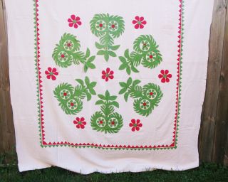 Vintage - Antique Red & Green Floral Applique Cotton Quilt Top 84 " X 79 "