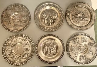 Set Of 6 Vintage Rein Zinn Decorative Pewter Plates
