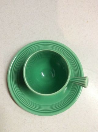 Vintage Fiesta Ware Pottery Early Demitasse Stick Handle Cup & Saucer Green 2