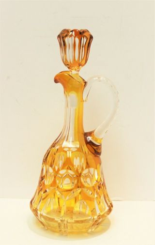 Vtg Bohemian Glass Cut To Clear Amber,  Butterscotch Crystal Decanter W/stopper
