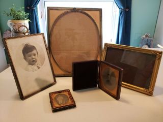 5 Vintage Photo Frames.  Various Sizes.  Metal Frame & Leather - Covered Wood Case