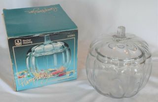 Vintage Anchor Hocking Pumpkin Candy Cookie Jar Clear Glass 2 Pc W/ Orig Box