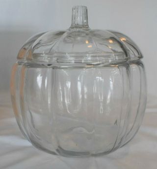 Vintage Anchor Hocking PUMPKIN CANDY COOKIE JAR Clear GLASS 2 pc w/ Orig Box 2