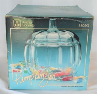 Vintage Anchor Hocking PUMPKIN CANDY COOKIE JAR Clear GLASS 2 pc w/ Orig Box 3