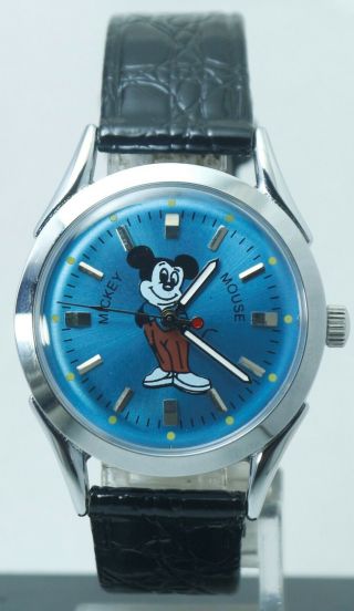 Vintage Fhf St - 96 17 Jewels Micky Mouse Blue Dial Hand Winding Watch