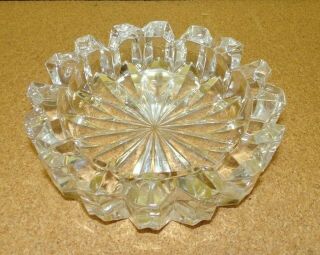 Vtg Heavy Large Round Clear Cut Glass Ashtray 6 1/2 " Wide 2.  8 Pounds