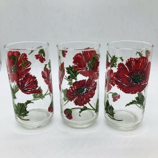 Vintage Libbey Red Poppy Drinking Glasses 1970s Flower Footed Set Of 3
