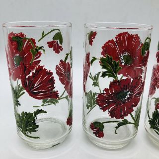 Vintage Libbey Red Poppy Drinking Glasses 1970s Flower Footed Set Of 3 3