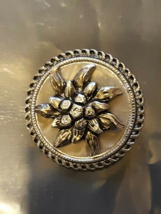 Vintage Western Germany " Scarf Sweater Clip " Silvertone Mother Of Pearl Flower