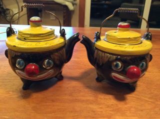 Vintage Black Americana Displayed Only Red Clay Clown Teapots Salt Pepper Shaker