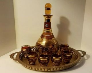 Bohemian Czech Crystal Decanter With 6 Sm Glasses,  Vintage Amber Cut Glass,