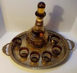 Bohemian czech crystal decanter With 6 Sm Glasses,  Vintage Amber Cut Glass, 4