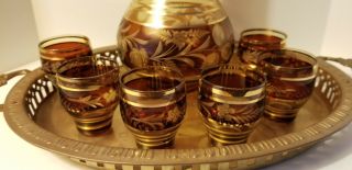 Bohemian czech crystal decanter With 6 Sm Glasses,  Vintage Amber Cut Glass, 5