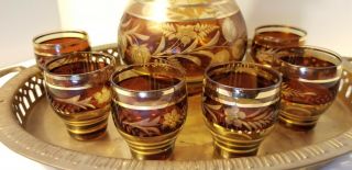 Bohemian czech crystal decanter With 6 Sm Glasses,  Vintage Amber Cut Glass, 6