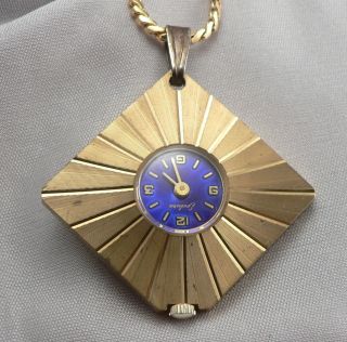 Vintage Deco Endura Blue Dial Pendant Watch Chain Necklace Swiss Made Goldtone