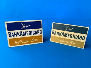 Two (2) Vintage 1970s Bankamericard Credit Card Counter Display Table Tent Signs
