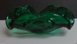 Vintage Murano Green Art Glass Triangular Biomorphic Controlled Bubble Bowl 2