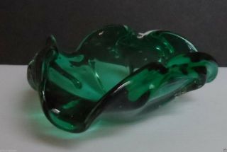 Vintage Murano Green Art Glass Triangular Biomorphic Controlled Bubble Bowl 3