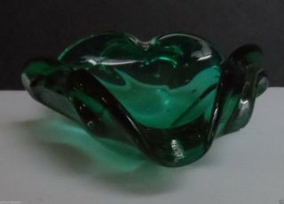 Vintage Murano Green Art Glass Triangular Biomorphic Controlled Bubble Bowl 4
