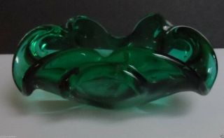 Vintage Murano Green Art Glass Triangular Biomorphic Controlled Bubble Bowl 5