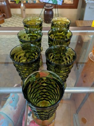 7 Vintage Indiana Whitehall Colony Cubist Avocado Green Glass Iced Tea Glasses