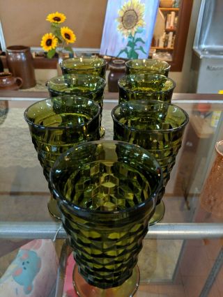 7 Vintage Indiana Whitehall Colony Cubist Avocado Green Glass Iced Tea Glasses 2