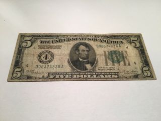 VINTAGE numerical 4 $5 FEDERAL RESERVE NOTE 1928 - A FIVE DOLLARS CLEVELAND GREEN 2
