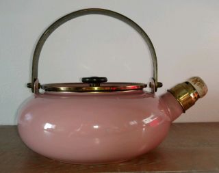 Vintage Enamelware Tea Pot Kettle Brass Pink Purple Mauve W/ Whistler