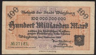 1923 10 Billion Mark Wuerzburg Germany Old Vintage Emergency Money Banknote F