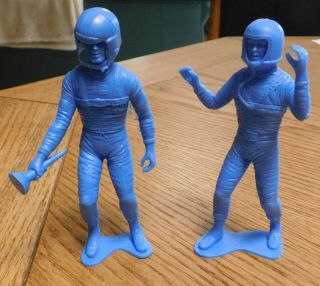 Two Vintage Blue Plastic Spacemen,  With Flashlight (5.  50.  In.  High).
