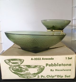 Hazel Atlas 3 Piece Hazelware " Pebbletone " Avocado Design Chip & Dip Set Vintage